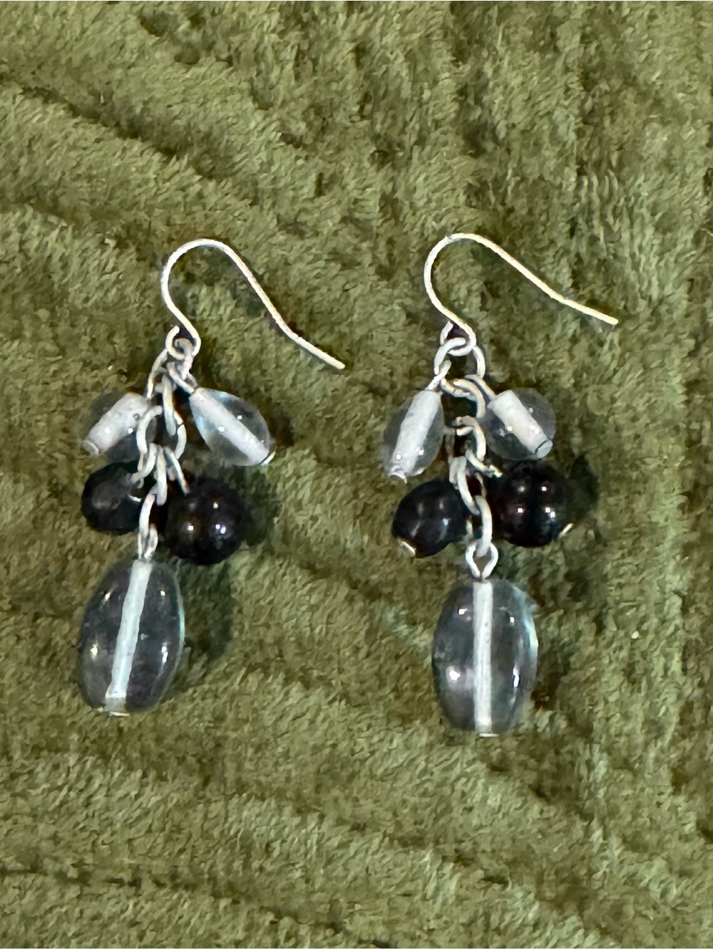 Vintage Y2K Silver-Tone Smokey Quartz and Black& Clear Bead Dangle Earrings